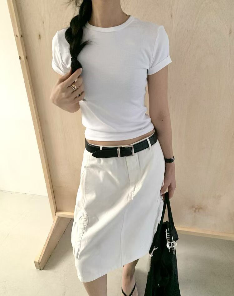 反摺袖合身素綿T